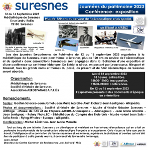 12 – 16 septembre : Exposition ” Suresnes – 120 ans au service de l’aéronautique et du spatial – De Blériot à Airbus “