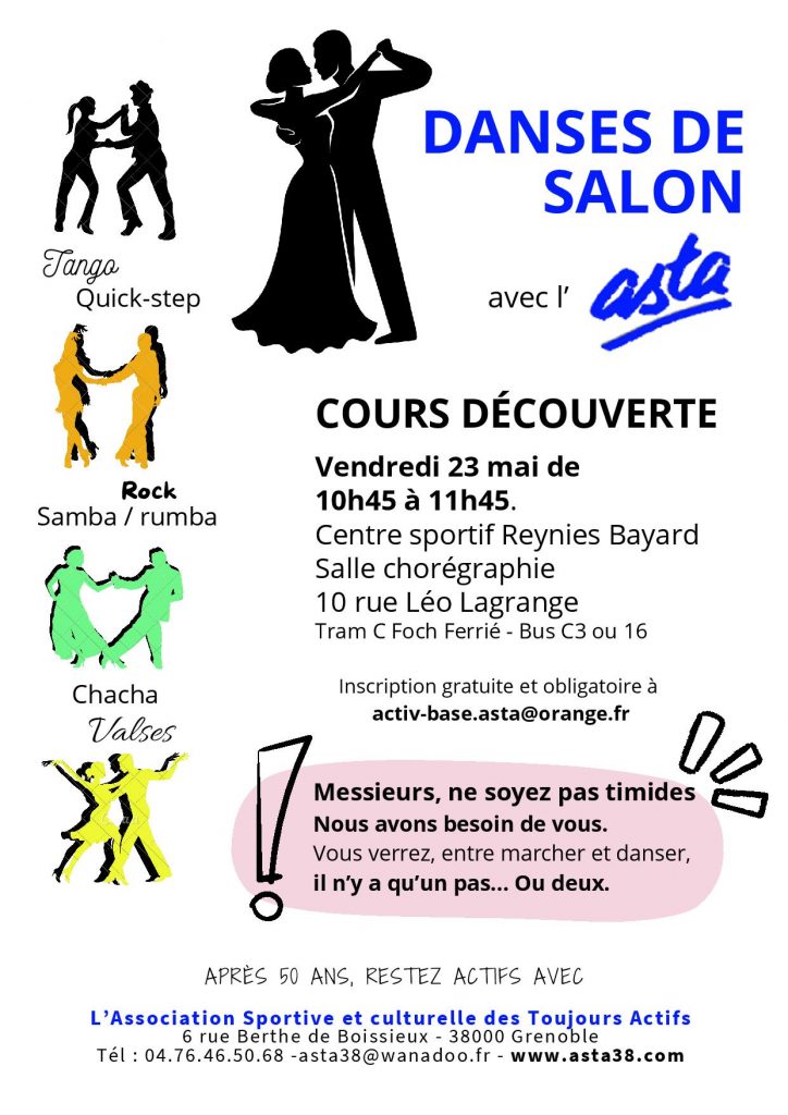 Nouveau : Un cours « découverte des Danses de Salon » est proposé par l’Asta le vendredi 23 mai, de 10h45 à 11h45