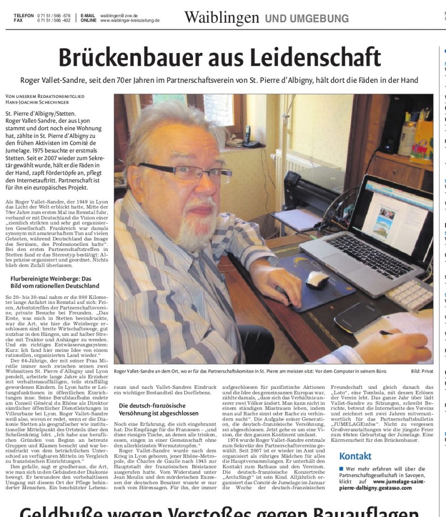 Roger Vallet-Sandre, dans le Waiblingen-Kreuszeitung du 4 janvier 2014.