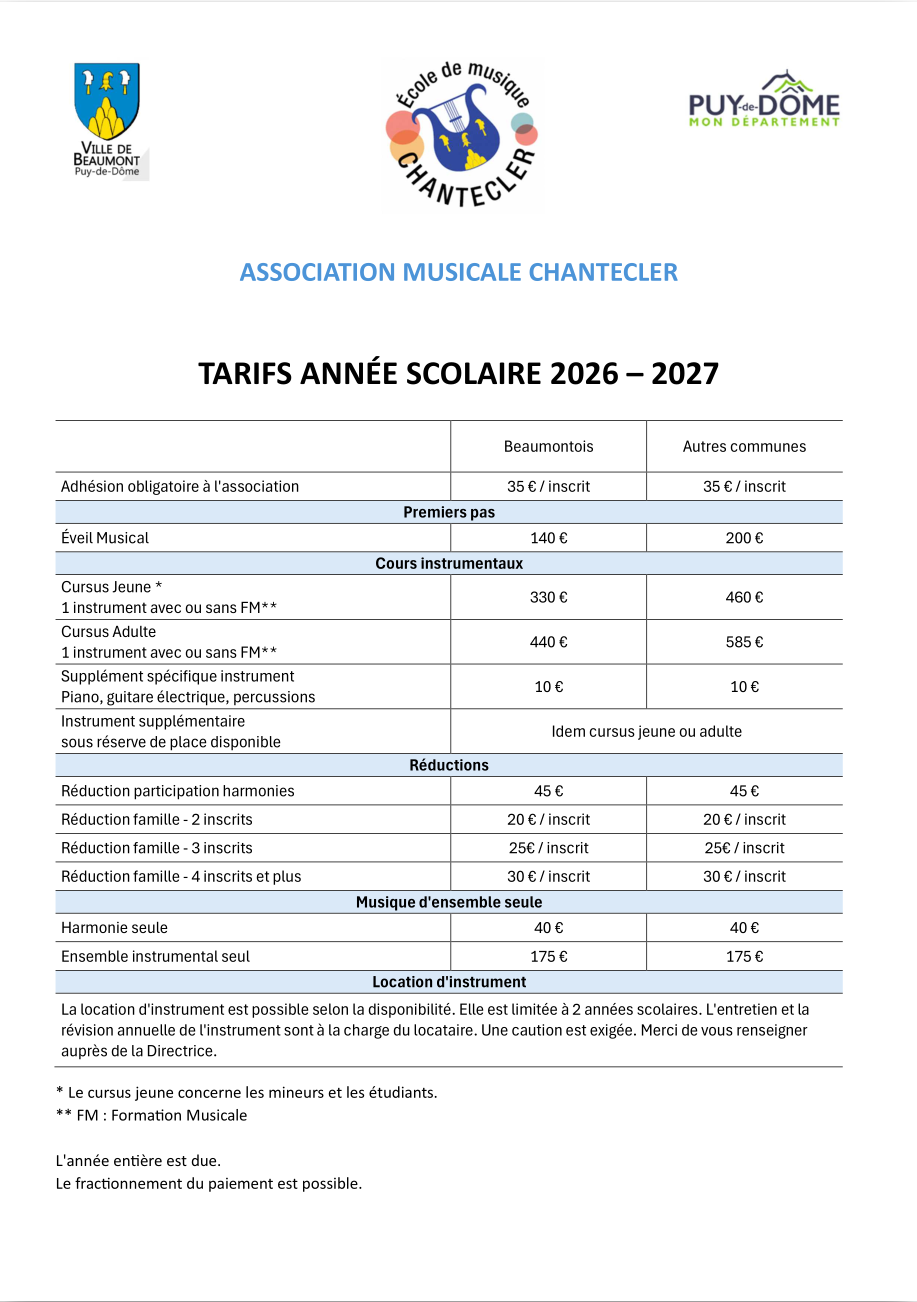 Tarifs 2026-2027