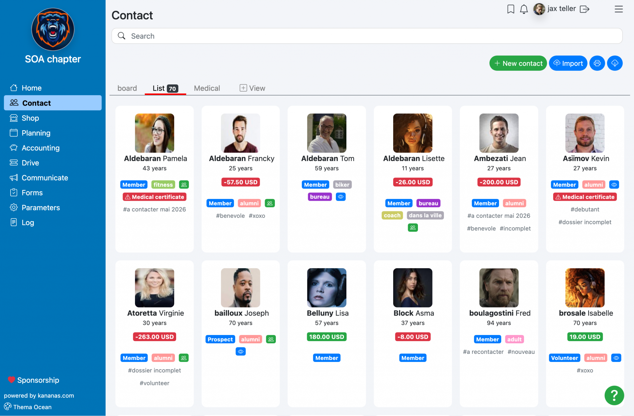 Kananas dashboard for managing members, payments, events and communication