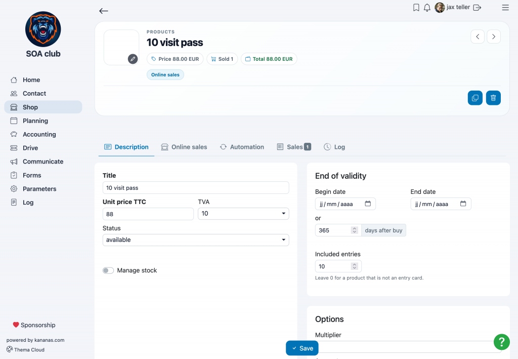 "10-Class Pass" product with 10 entries included