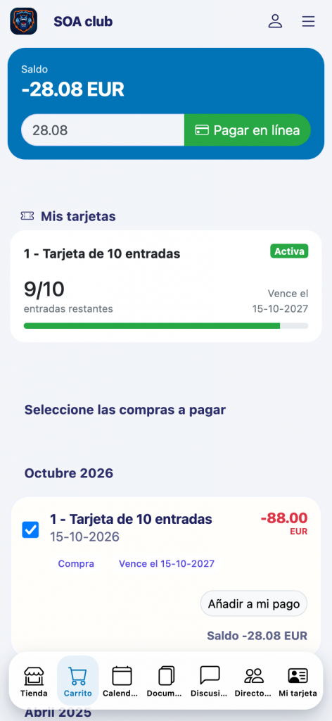 Consulta de los bonos desde un móvil.