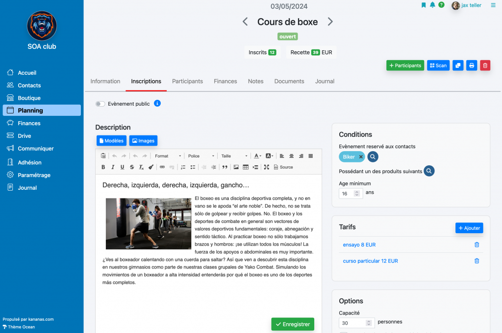 association paramétrer les tarifs d'une activité