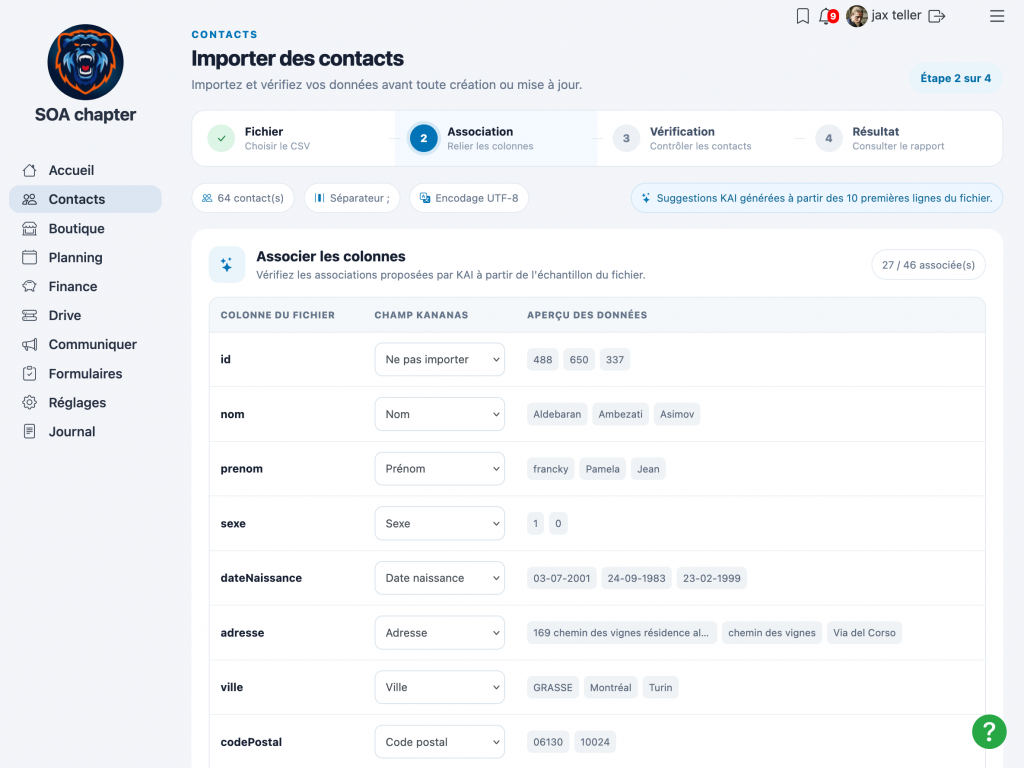 Association des colonnes d'un fichier CSV avec les champs Kananas