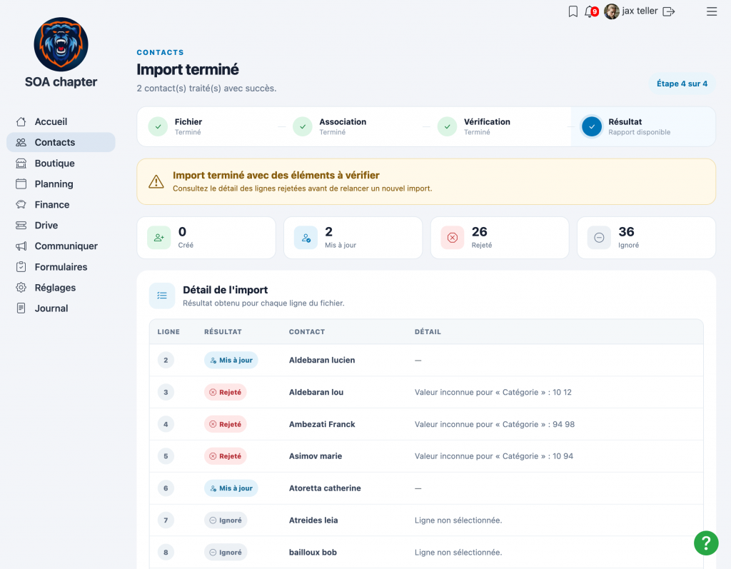 Compte rendu d'un import de contacts dans Kananas