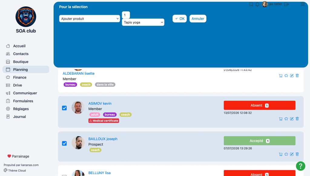 Sélection de participants dans une activité Kananas