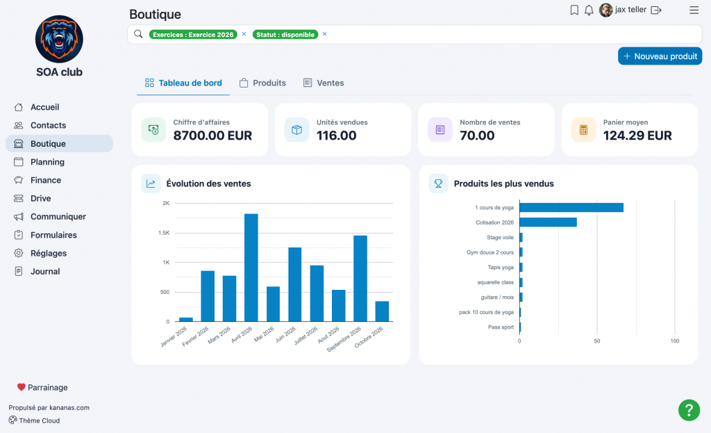 Tableau de bord des ventes de la boutique Kananas avec chiffre d'affaires, unités vendues, nombre de ventes, panier moyen et graphiques