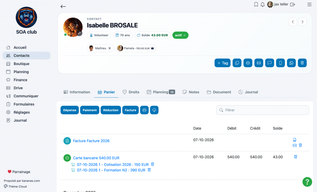 Facture visible dans le panier d'un contact Kananas avec les actions disponibles