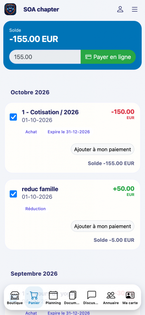 Réduction affichée dans le panier de l'espace personnel Kananas sur smartphone