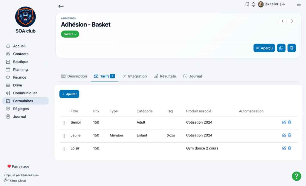 Configuration des tarifs d'un formulaire d'adhésion Kananas