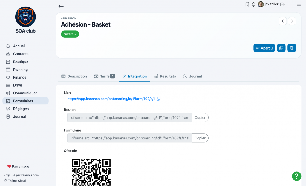 Options d'intégration d'un formulaire d'adhésion Kananas sur un site internet