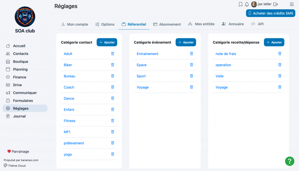 Référentiel Kananas avec les catégories de contacts, d'événements et de recettes et dépenses