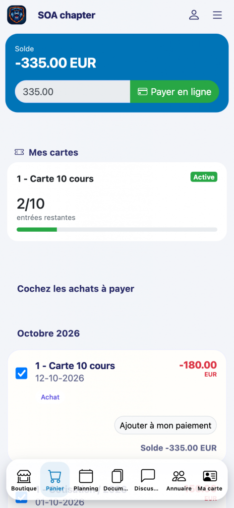 Suivi des cartes de séances et des entrées restantes dans l'espace personnel Kananas sur smartphone